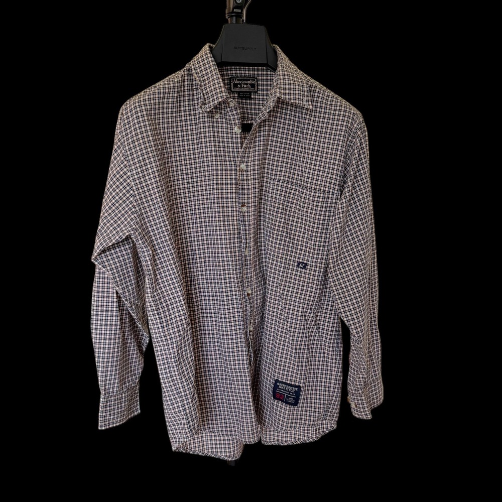 90's Abercrombie & Fitch XL Fits M/L Plaid Button Down Shirt Brown Navy Cotton